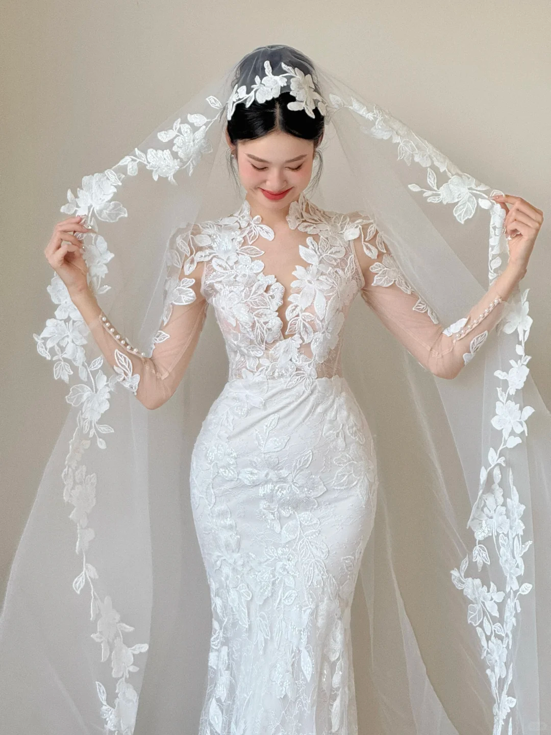 Dreamy White Mermaid Tulle Lace Applique With Veil Long Wedding Dresses C3819
