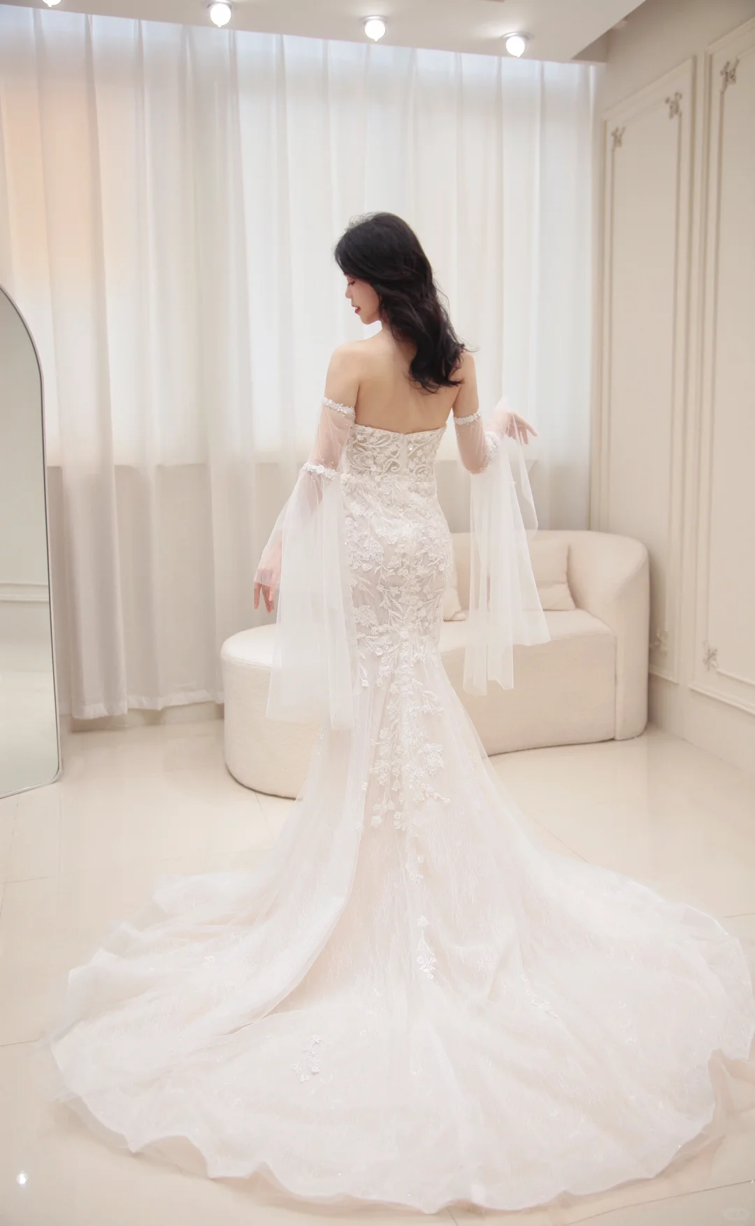 Timeless Mermaid Strapless Tulle Applique Long Sleeves Long Wedding Dresses C3831