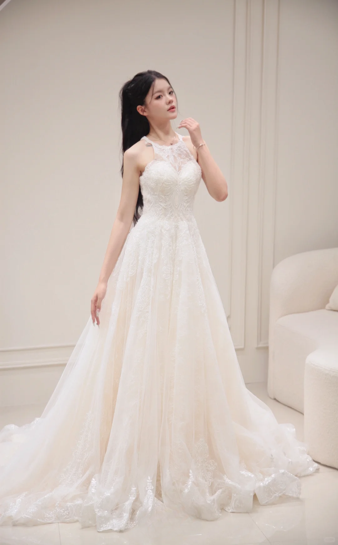 Princess A Line Halter Tulle Lace Long Wedding Dresses C3833