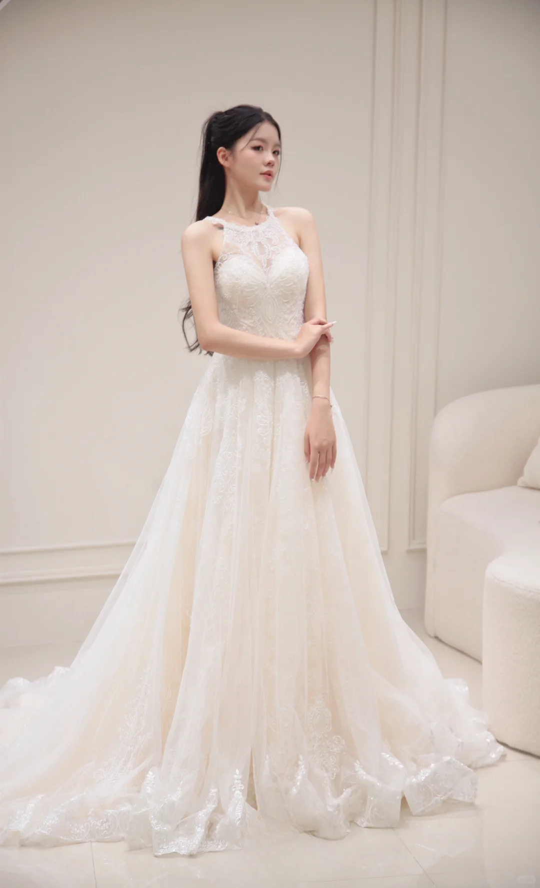 Princess A Line Halter Tulle Lace Long Wedding Dresses C3833