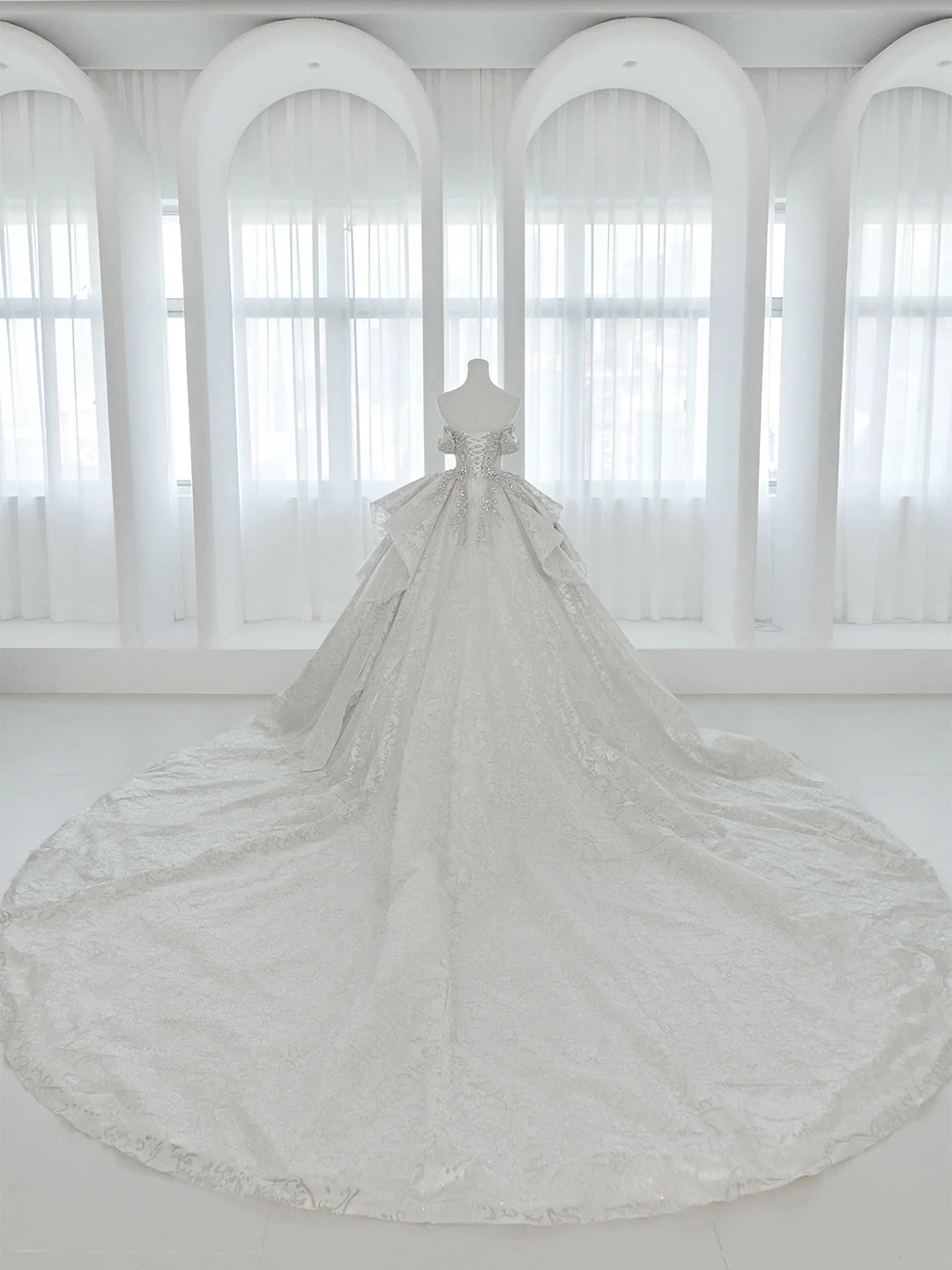 Timeless Ball Gown Off The Shoulder Satin Sequin Beaded Train Long Wedding Dresses C3834