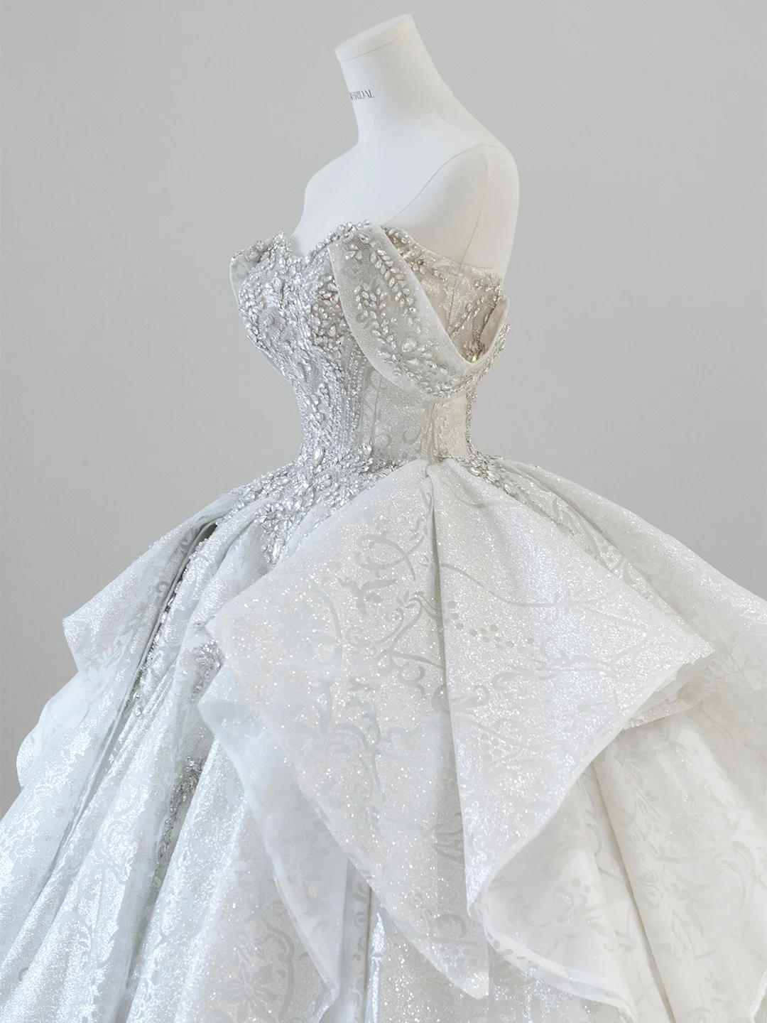 Timeless Ball Gown Off The Shoulder Satin Sequin Beaded Train Long Wedding Dresses C3834