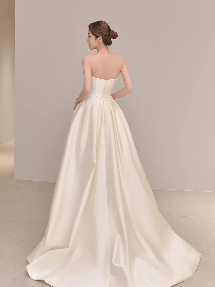 Summer Simple A Line Strapless Ivory Satin Slit Long Wedding Dresses C3837