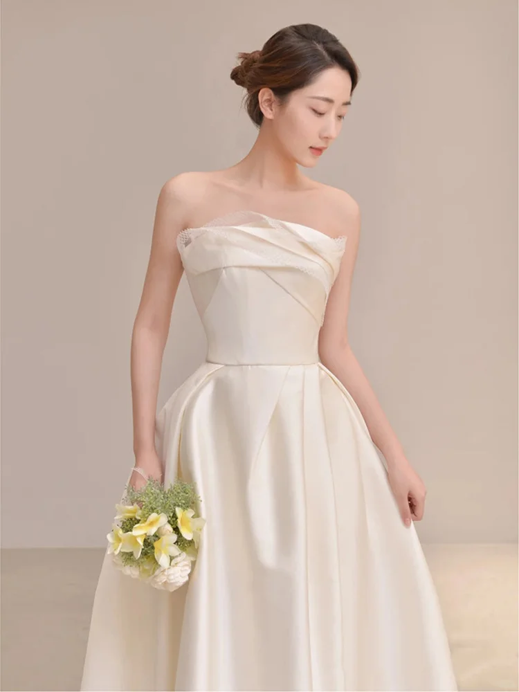 Summer Simple A Line Strapless Ivory Satin Slit Long Wedding Dresses C3837