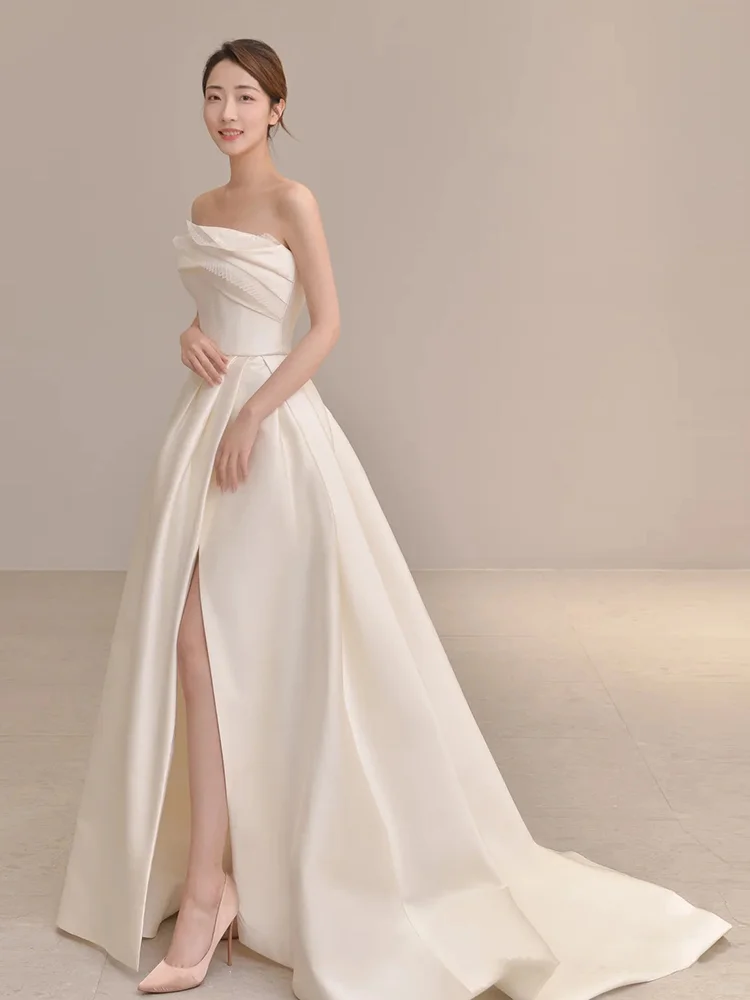 Summer Simple A Line Strapless Ivory Satin Slit Long Wedding Dresses C3837