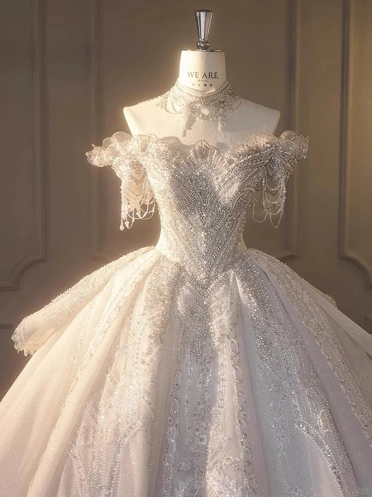 Timeless Ball Gown Off The Shoulder Tulle Sequin Beaded Long Wedding Dresses C3838