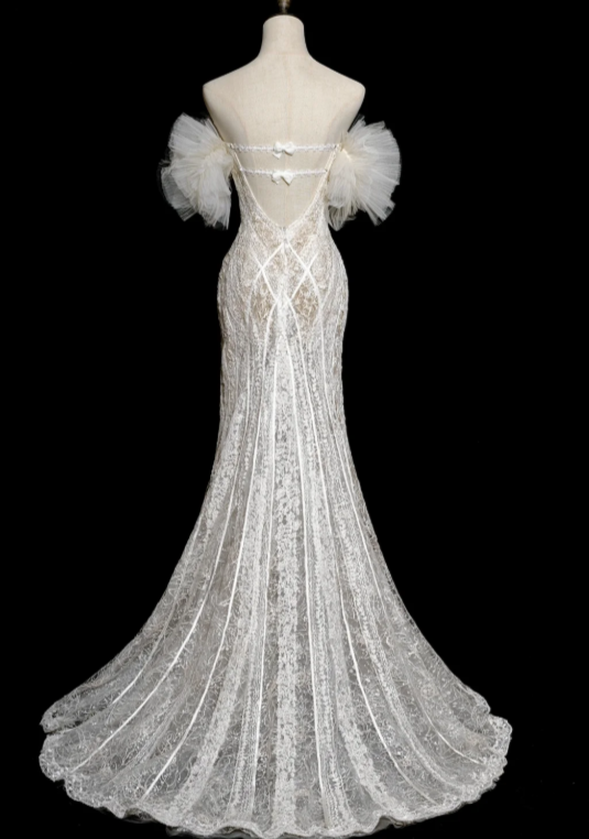 Unique Mermaid Off The Shoulder Tulle Lace Long Wedding Dresses C3845
