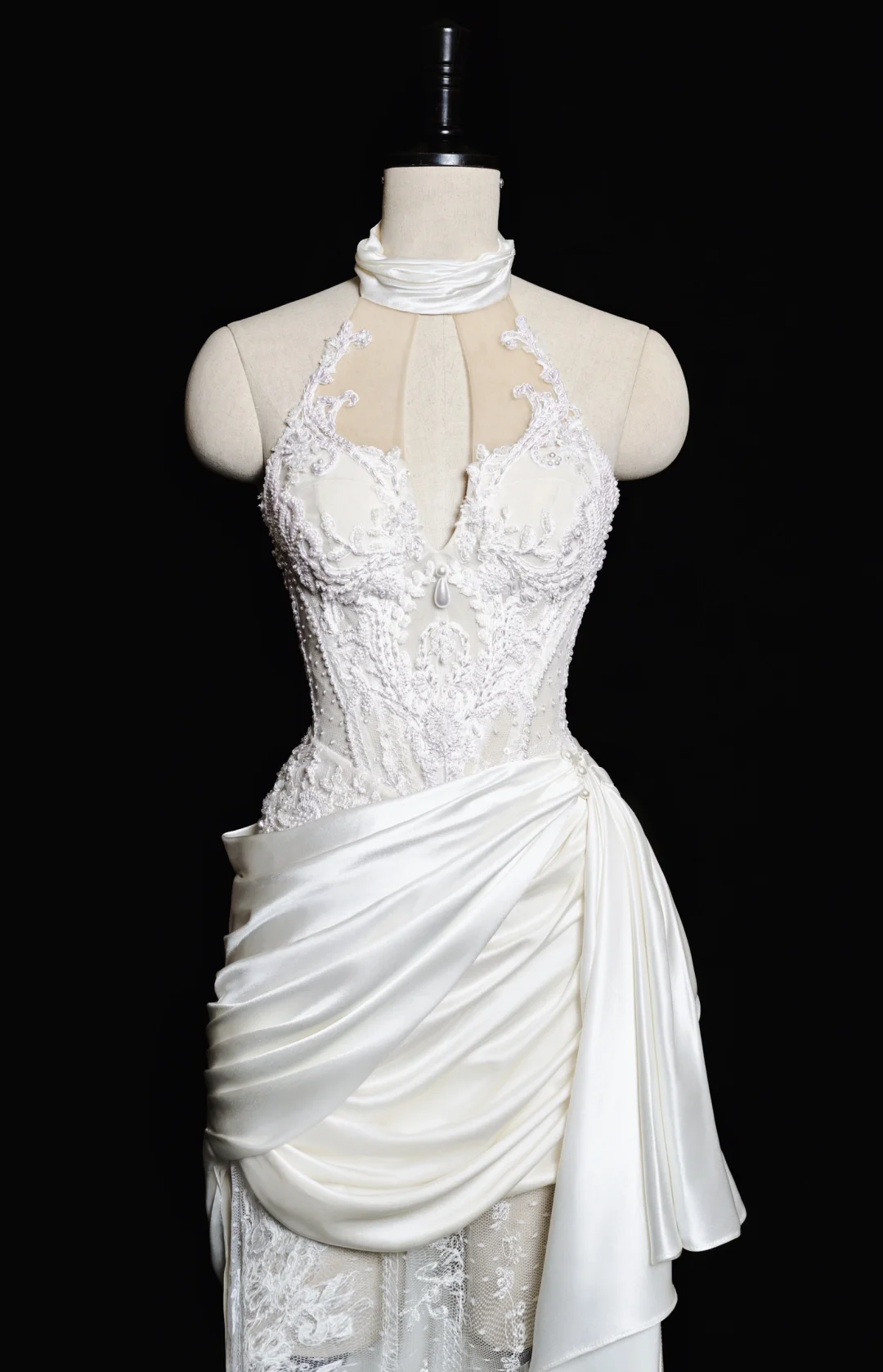 Vintage Mermaid Halter Satin Lace Pleated Long Wedding Dresses C3846