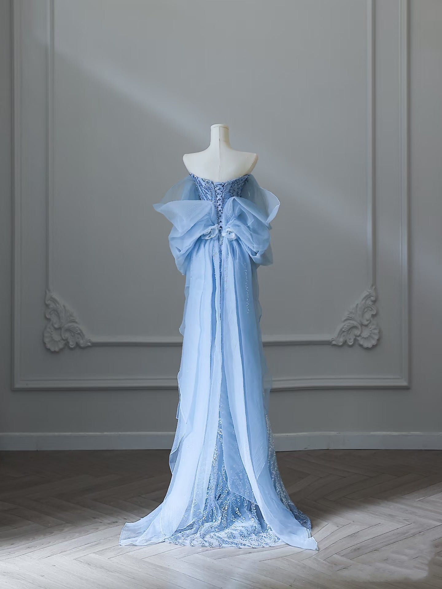 Sexy Mermaid Off The Shoulder Blue Sequin Long Prom Dresses Evening Gowns S3847