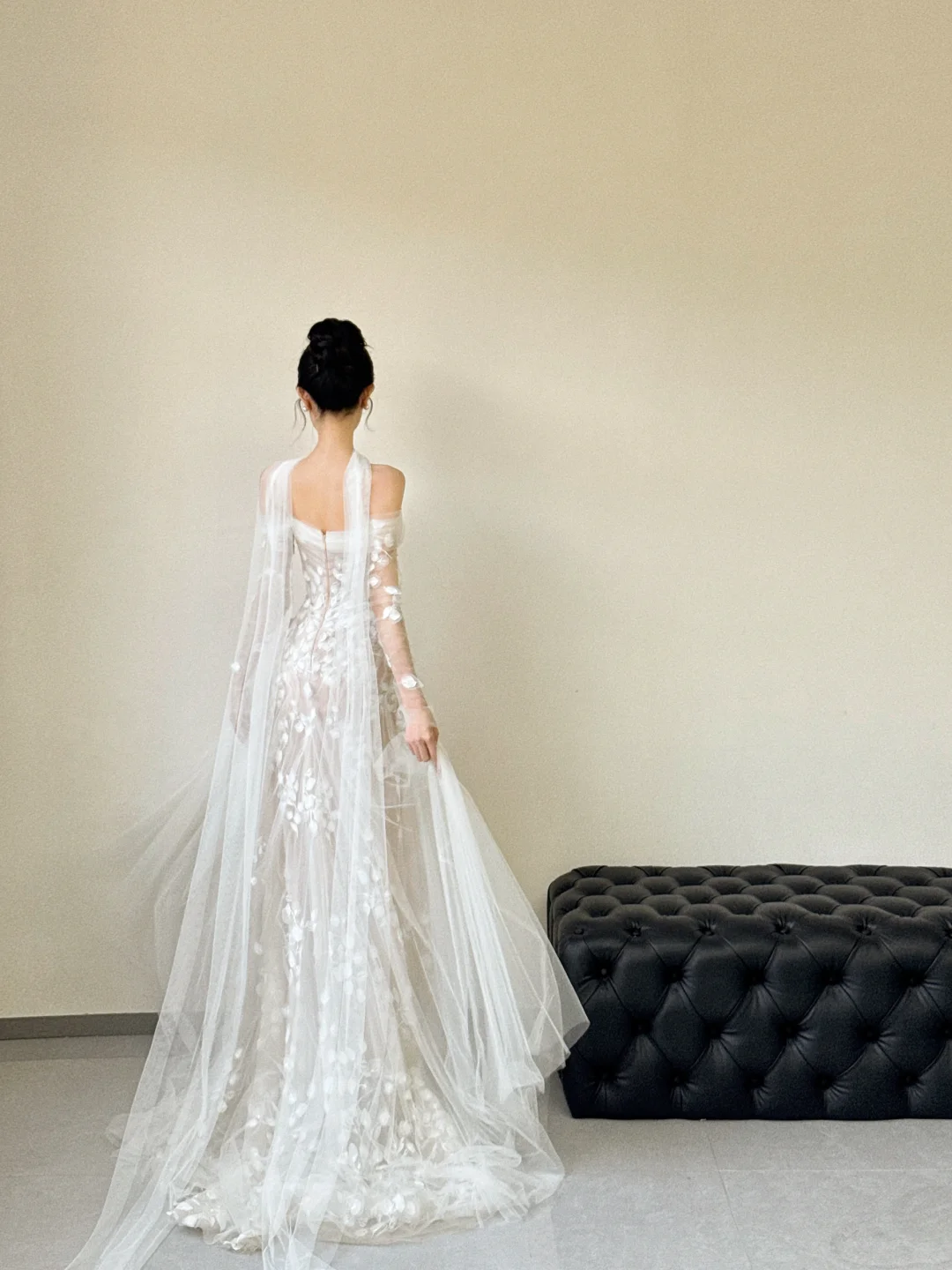 Unique A Line Off The Shoulder Tulle Applique Slit Long Sleeves Long Wedding Dresses C3853