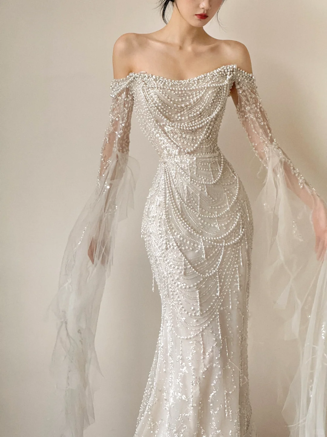 Gorgeous Mermaid Off The Shoulder Tulle Beaded Long Sleeves Long Wedding Dresses C3858