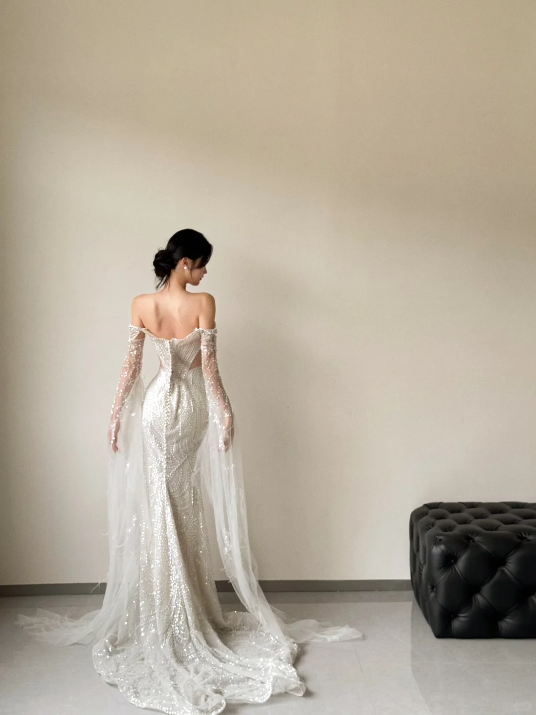 Gorgeous Mermaid Off The Shoulder Tulle Beaded Long Sleeves Long Wedding Dresses C3858