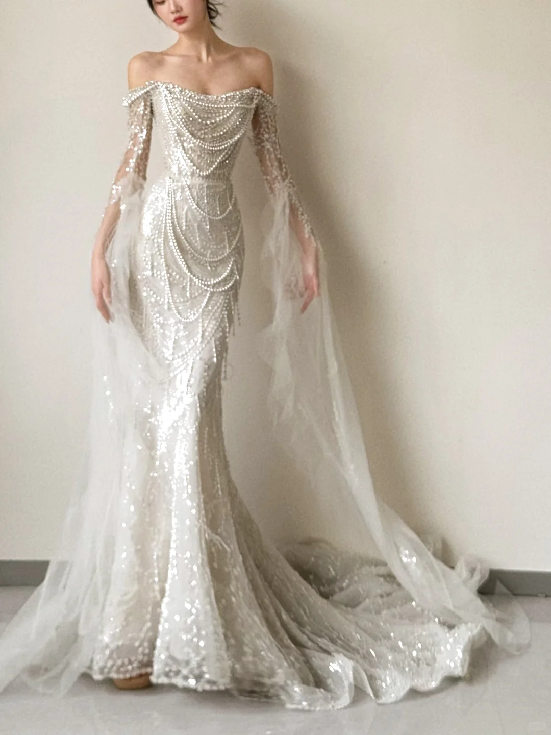 Gorgeous Mermaid Off The Shoulder Tulle Beaded Long Sleeves Long Wedding Dresses C3858