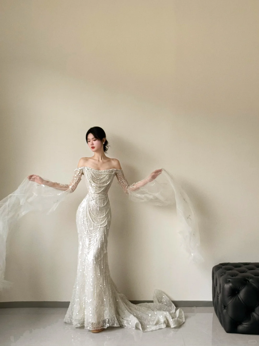 Gorgeous Mermaid Off The Shoulder Tulle Beaded Long Sleeves Long Wedding Dresses C3858