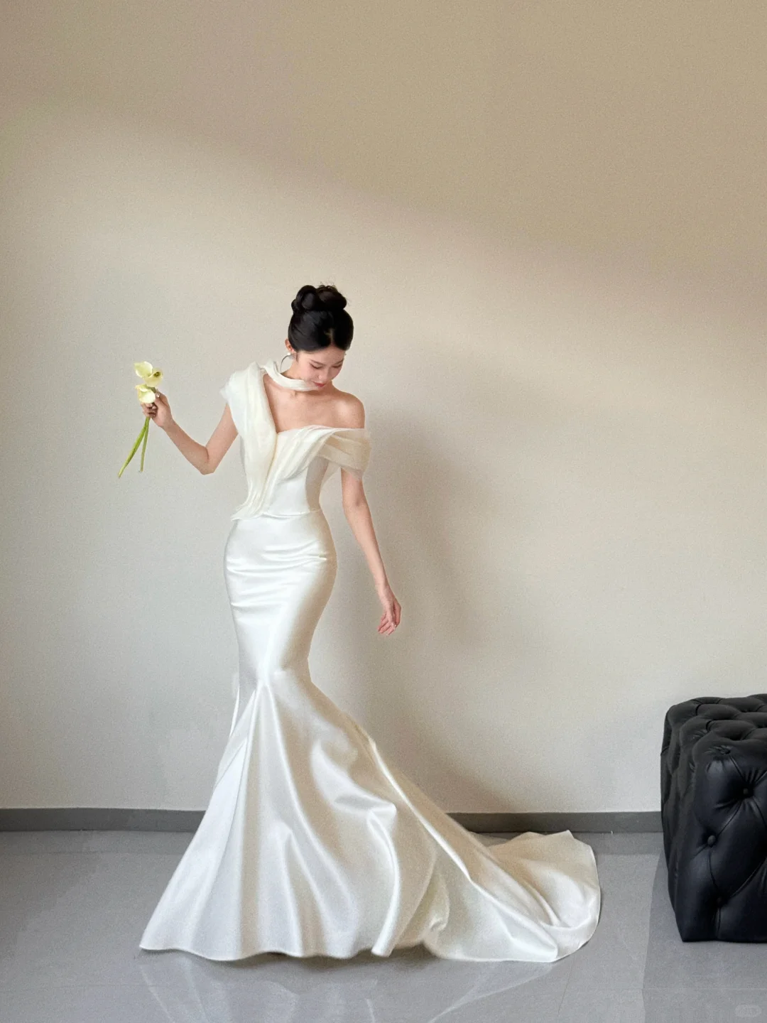Summer Simple Mermaid Off the Shoulder Satin With Veil Long Wedding Dresses C3861
