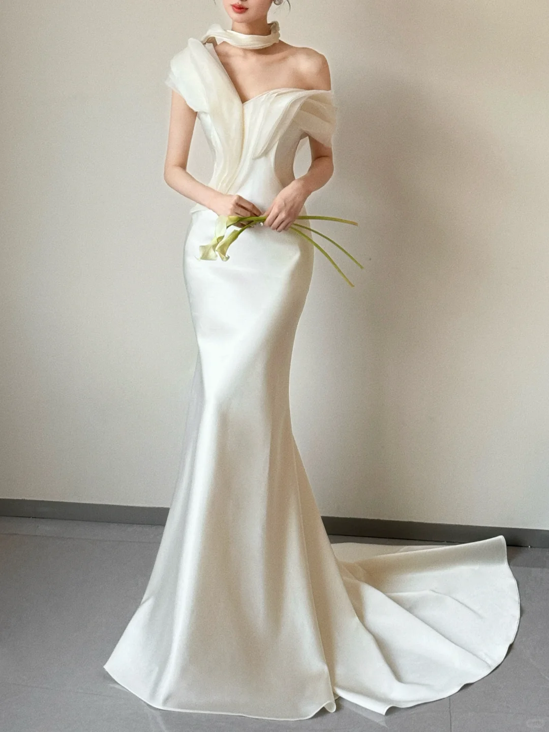 Summer Simple Mermaid Off the Shoulder Satin With Veil Long Wedding Dresses C3861