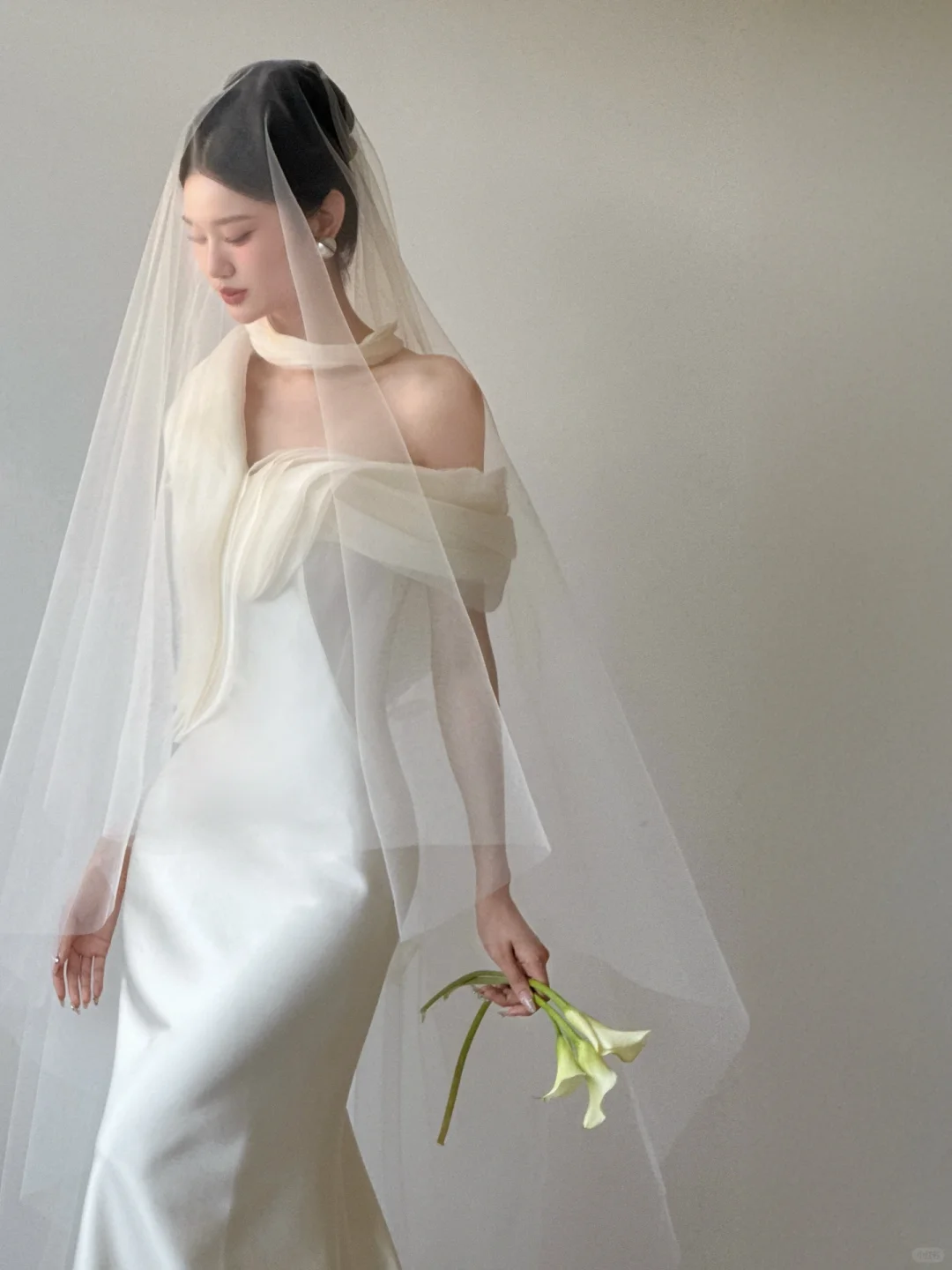 Summer Simple Mermaid Off the Shoulder Satin With Veil Long Wedding Dresses C3861