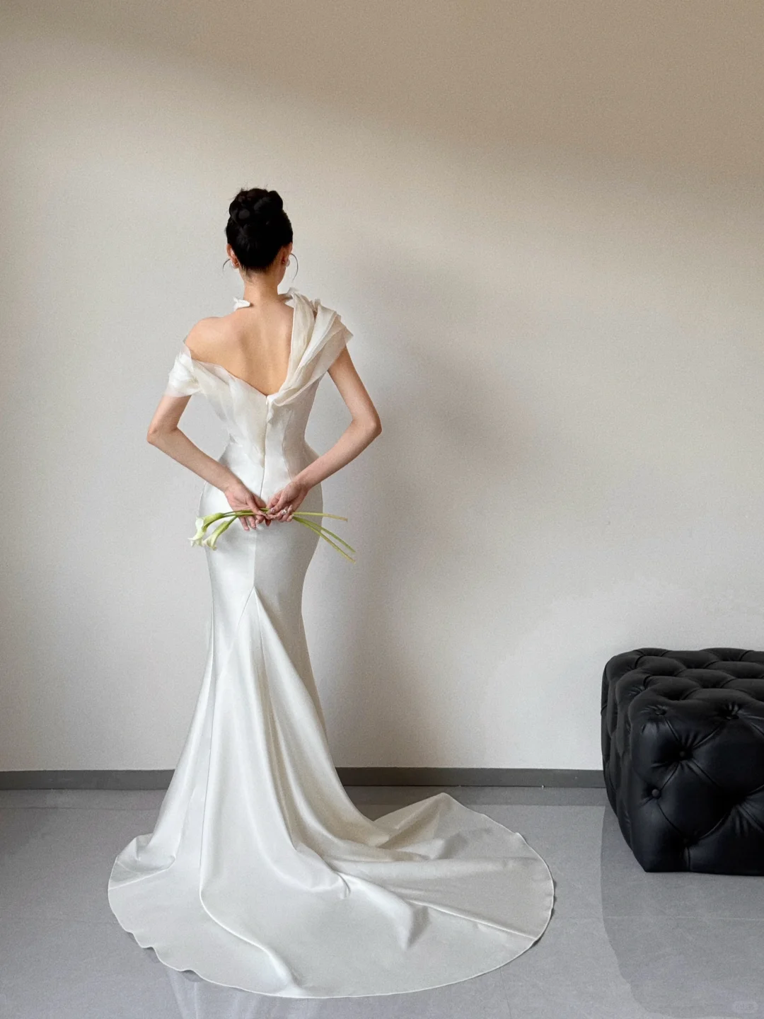 Summer Simple Mermaid Off the Shoulder Satin With Veil Long Wedding Dresses C3861