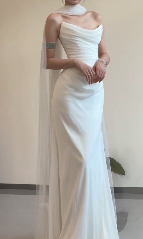 Elegant Mermaid Strapless Satin Pleated Long Wedding Dresses C3864