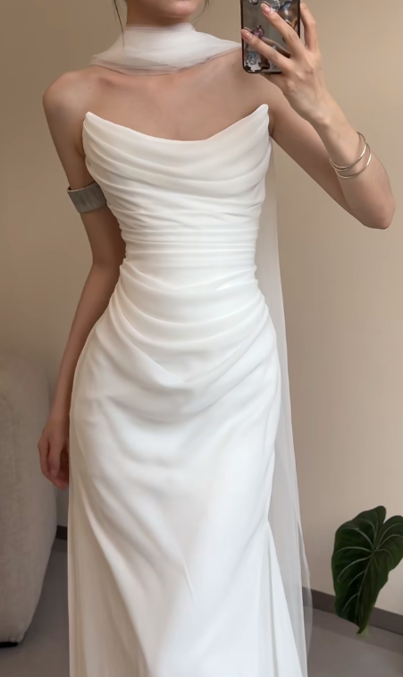 Elegant Mermaid Strapless Satin Pleated Long Wedding Dresses C3864