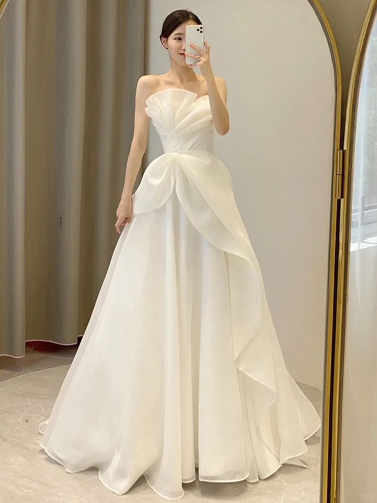 Summer Simple A Line Strapless Satin Long Wedding Dresses C3867