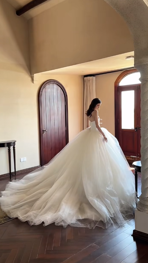 Pretty Ball Gown Strapless Satin Tulle Applique Long Wedding Dresses C3878