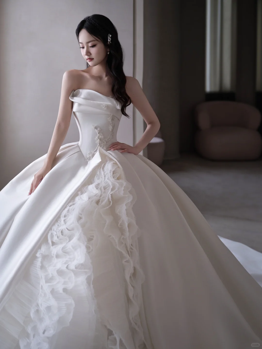Timeless Ball Gown Strapless Satin Applique Tulle Long Wedding Dresses C3892