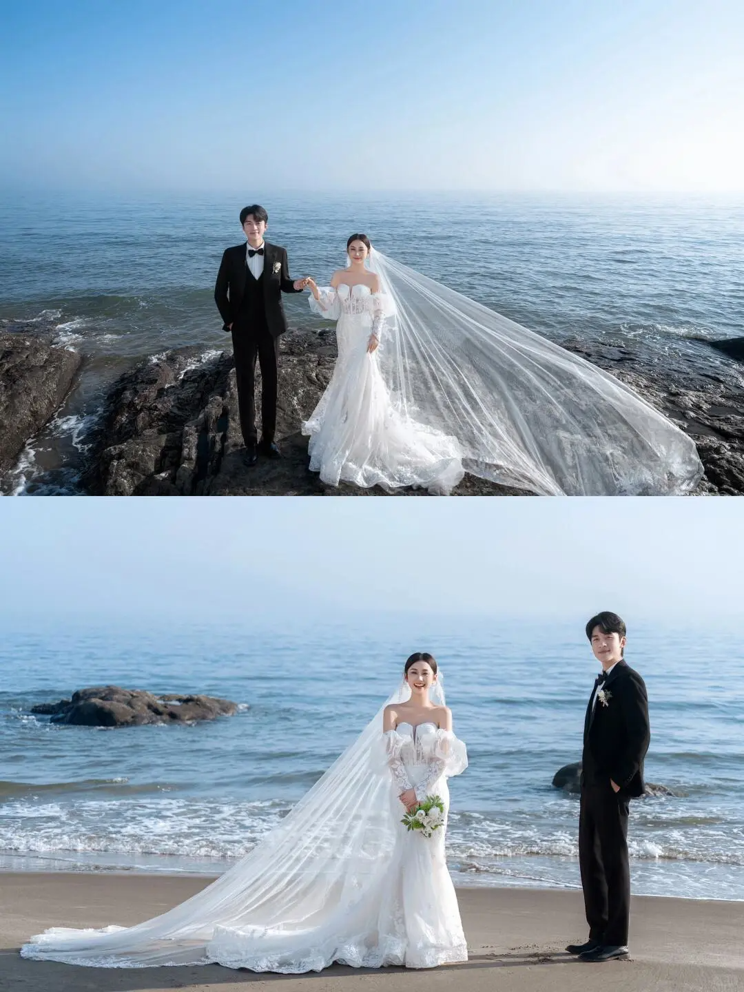Unique Mermaid Off The Shoulder White Satin Tulle Applique Long Sleeve With Veil Long Wedding Dresses C3911