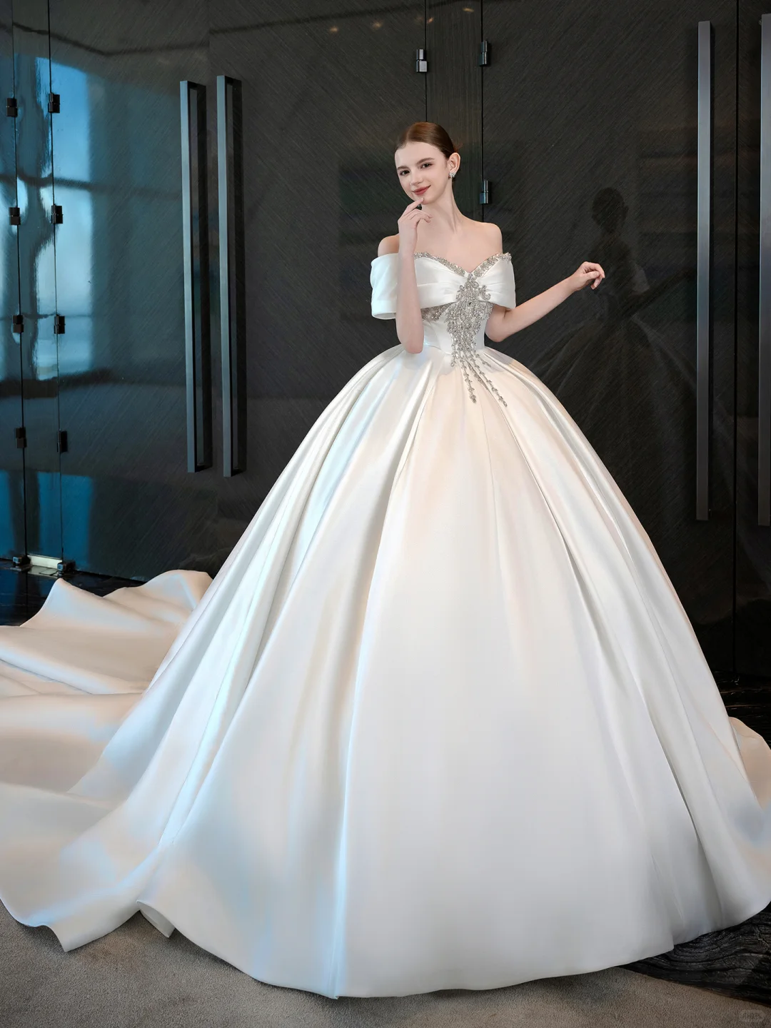 Pretty Ball Gown Off The Shoulder Satin Applique Long Wedding Dresses C3944