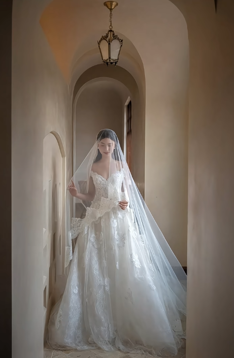 Dreamy Ball Gown Spaghetti Straps Tulle Lace Applique Long Wedding Dresses C3950