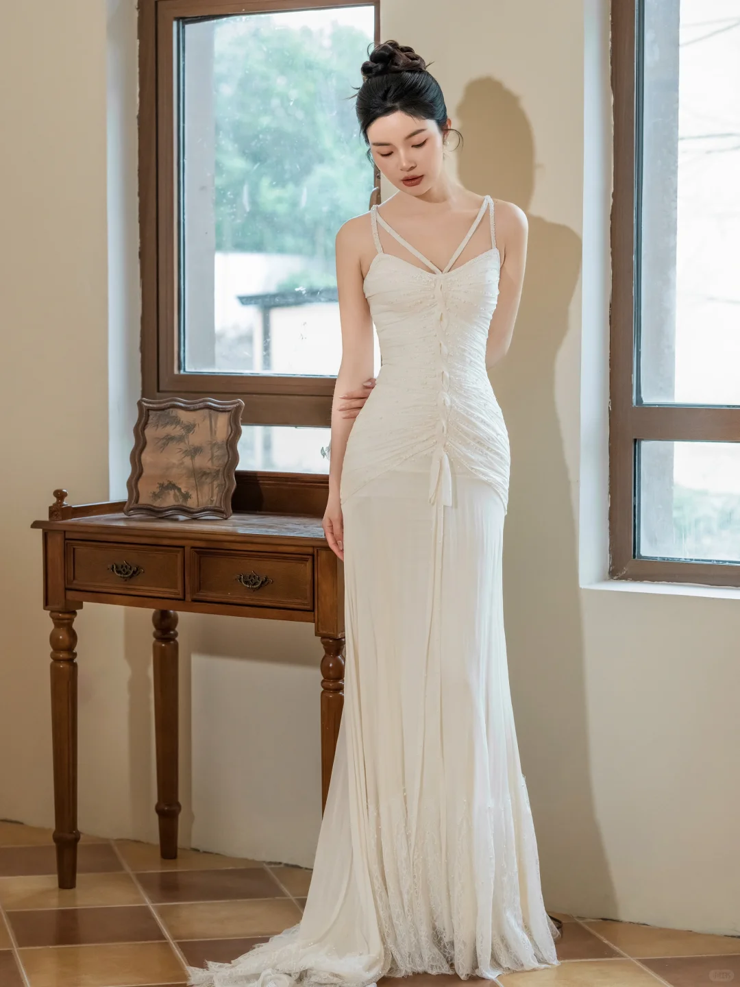 Dreamy Mermaid Spaghetti Straps Chiffon Lace Beaded Long Wedding Dresses C3951