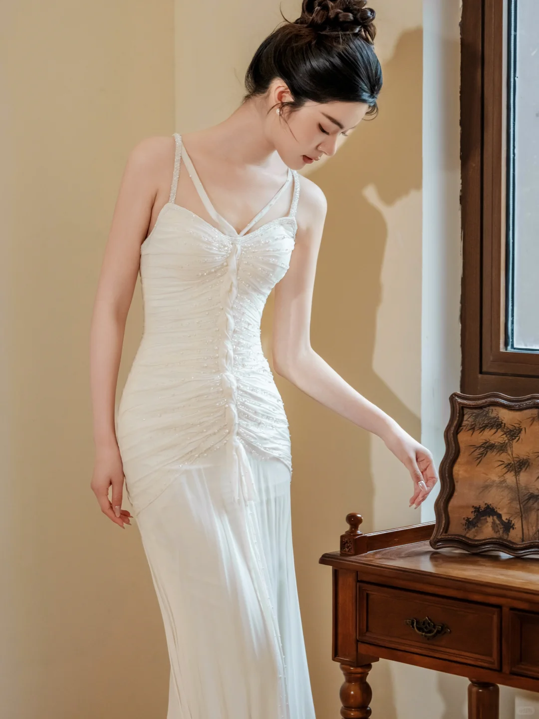 Dreamy Mermaid Spaghetti Straps Chiffon Lace Beaded Long Wedding Dresses C3951