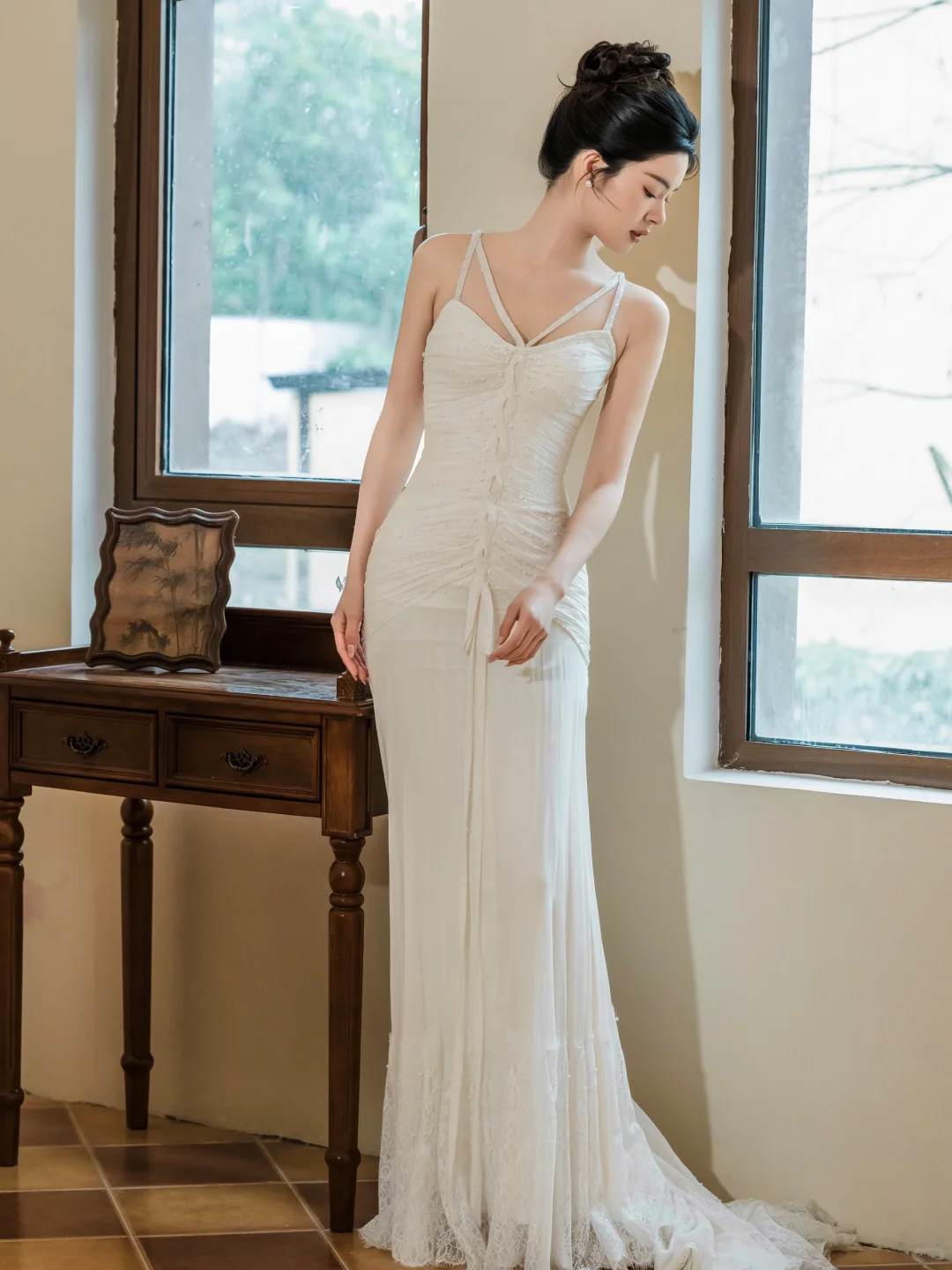 Dreamy Mermaid Spaghetti Straps Chiffon Lace Beaded Long Wedding Dresses C3951
