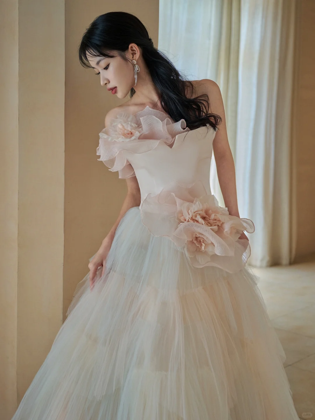 Elegant Ball Gown Strapless Satin Tulle Long Wedding Dresses C3964
