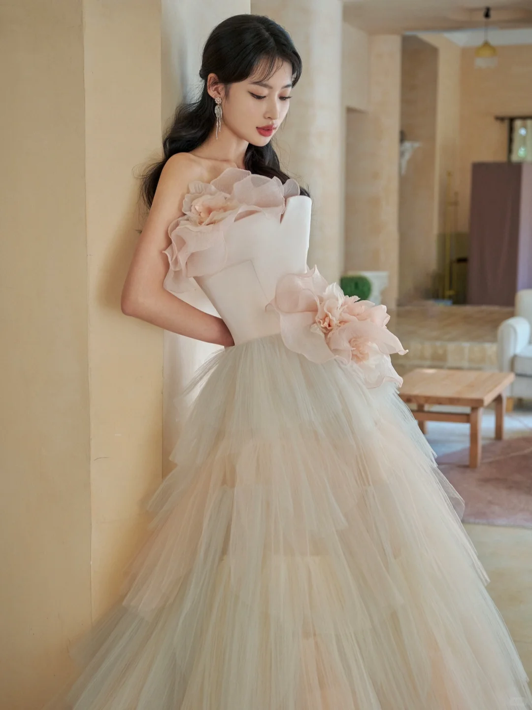 Elegant Ball Gown Strapless Satin Tulle Long Wedding Dresses C3964