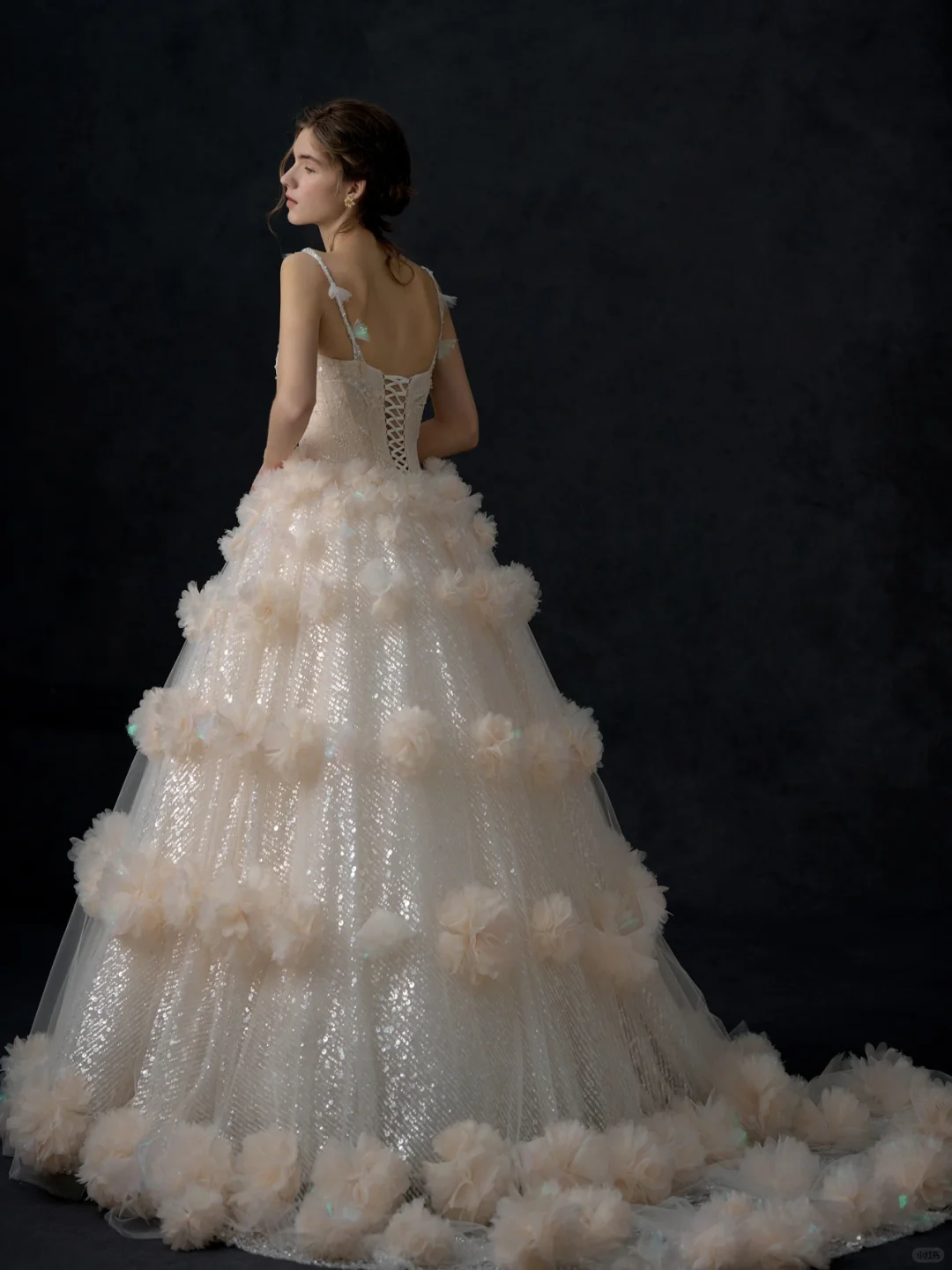 Princess Ball Gown Spaghetti Straps Champagne Tulle Sequin Long Wedding Dresses C3966