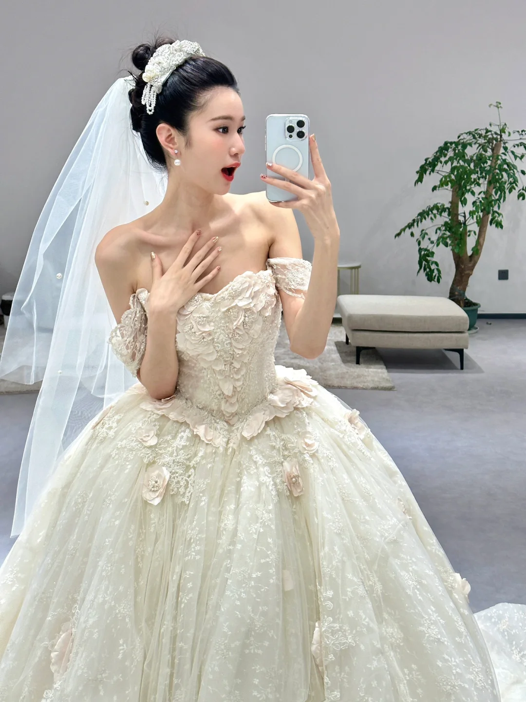 Dreamy Ball Gown Off The Shoulder Tulle Lace Applique With Veil Long Wedding Dresses C3967