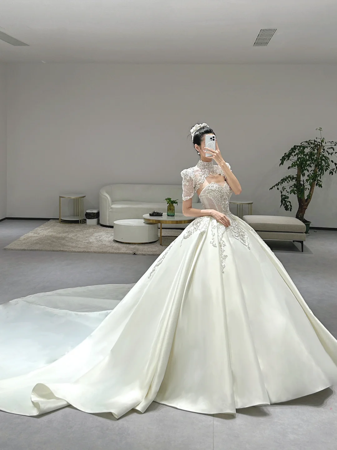 Timeless Ball Gown Satin Beaded Short Sleeves Long Wedding Dresses C3973