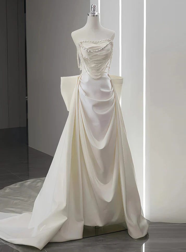 Elegant A Line Strapless Satin Beaded Pleated Long Wedding Dresses C3983