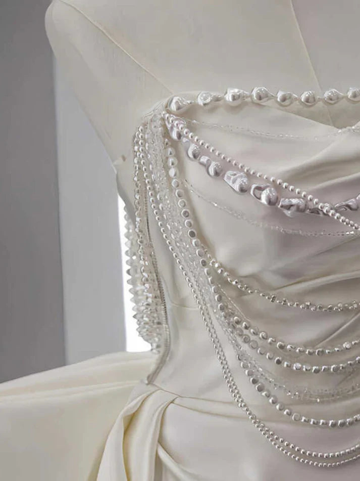 Elegant A Line Strapless Satin Beaded Pleated Long Wedding Dresses C3983