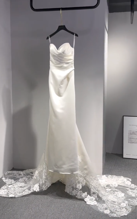 Elegant Mermaid Spaghetti Straps Satin With Lace Train Long Wedding Dresses C3988