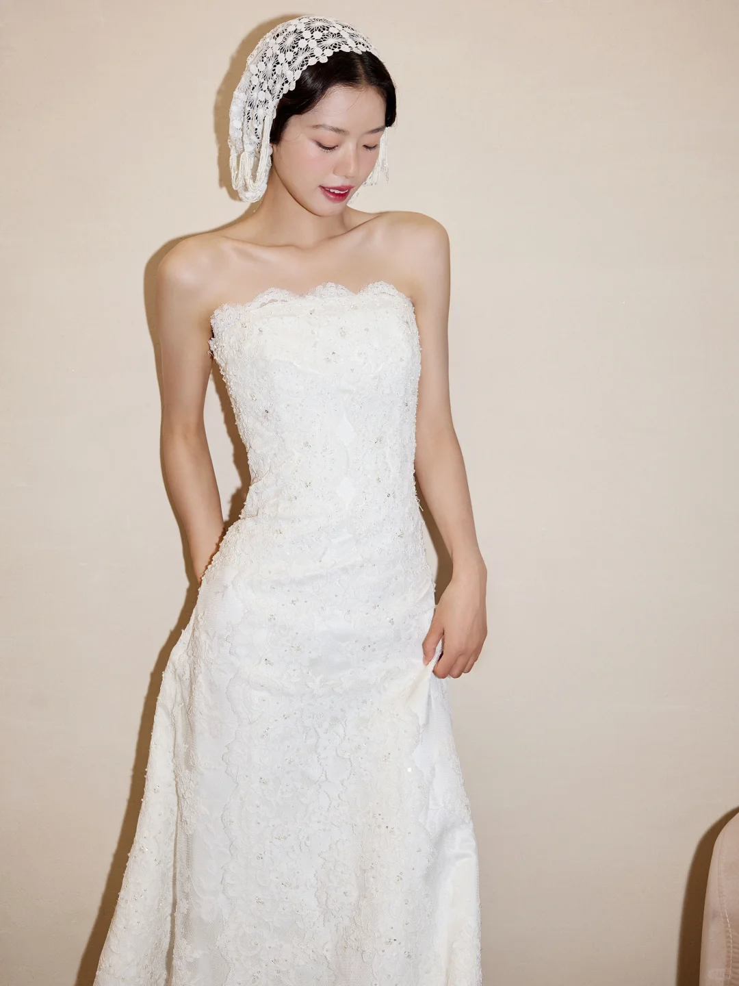 Vintage Mermaid Strapless Satin Lace Long Wedding Dresses C3993