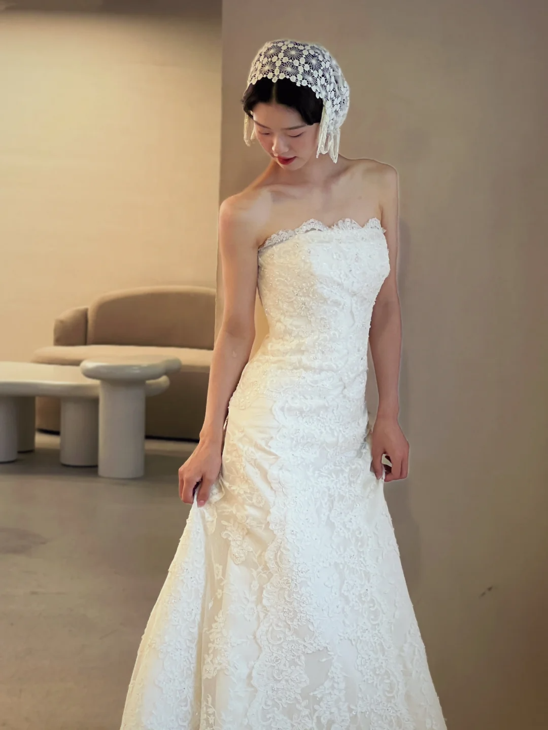 Vintage Mermaid Strapless Satin Lace Long Wedding Dresses C3993