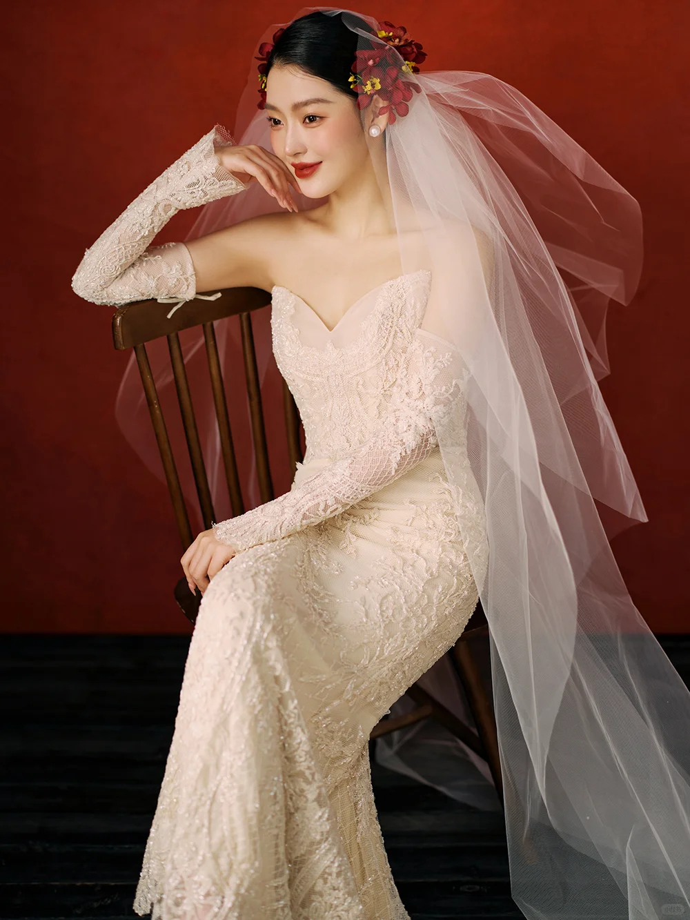 Dreamy Mermaid Strapless Satin Lace With Sleeves Long Wedding Dresses C3998