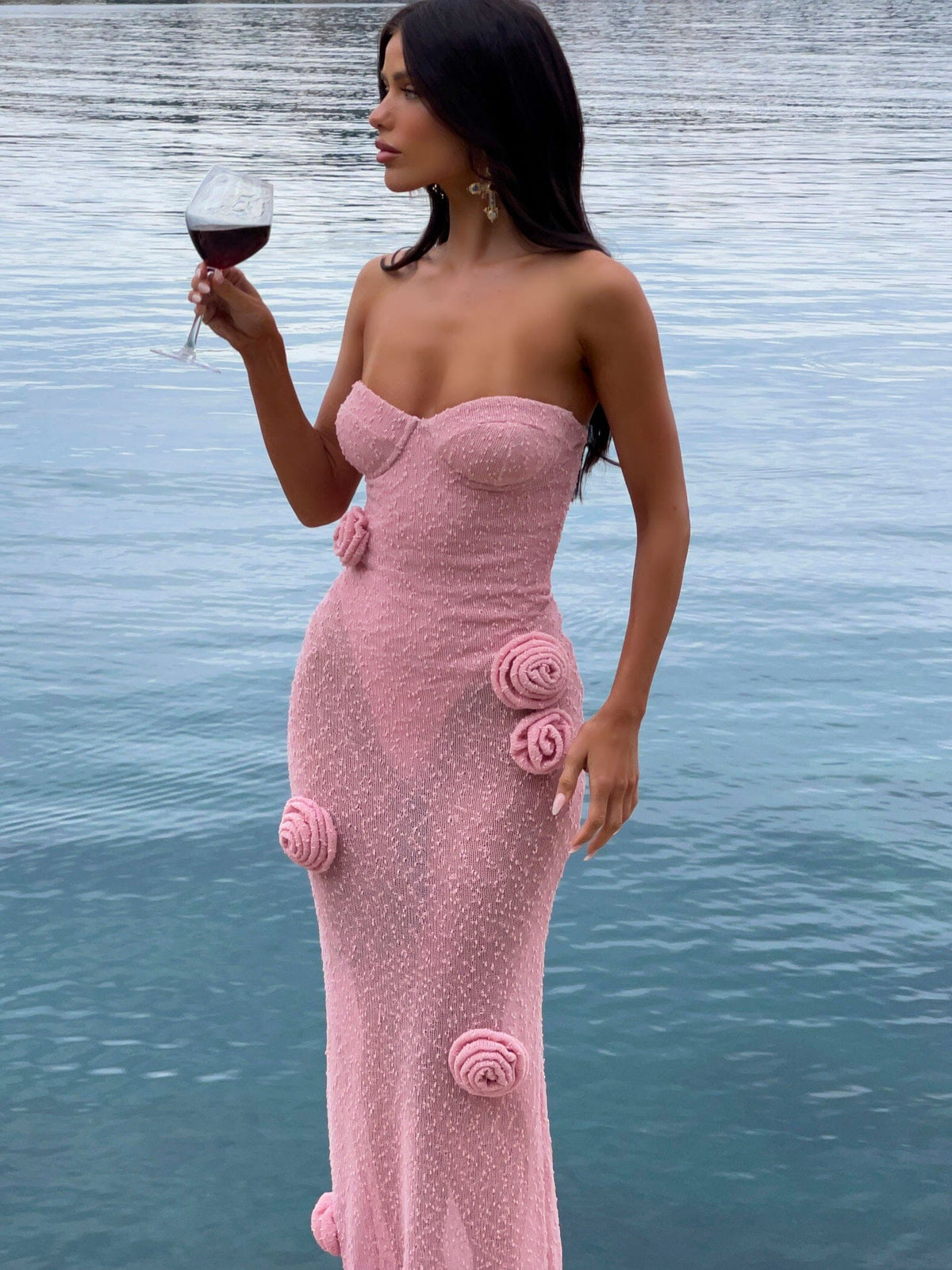 Textured Knit Strapless Sweetheart 3D Rosette Bodycon Maxi Dress 2