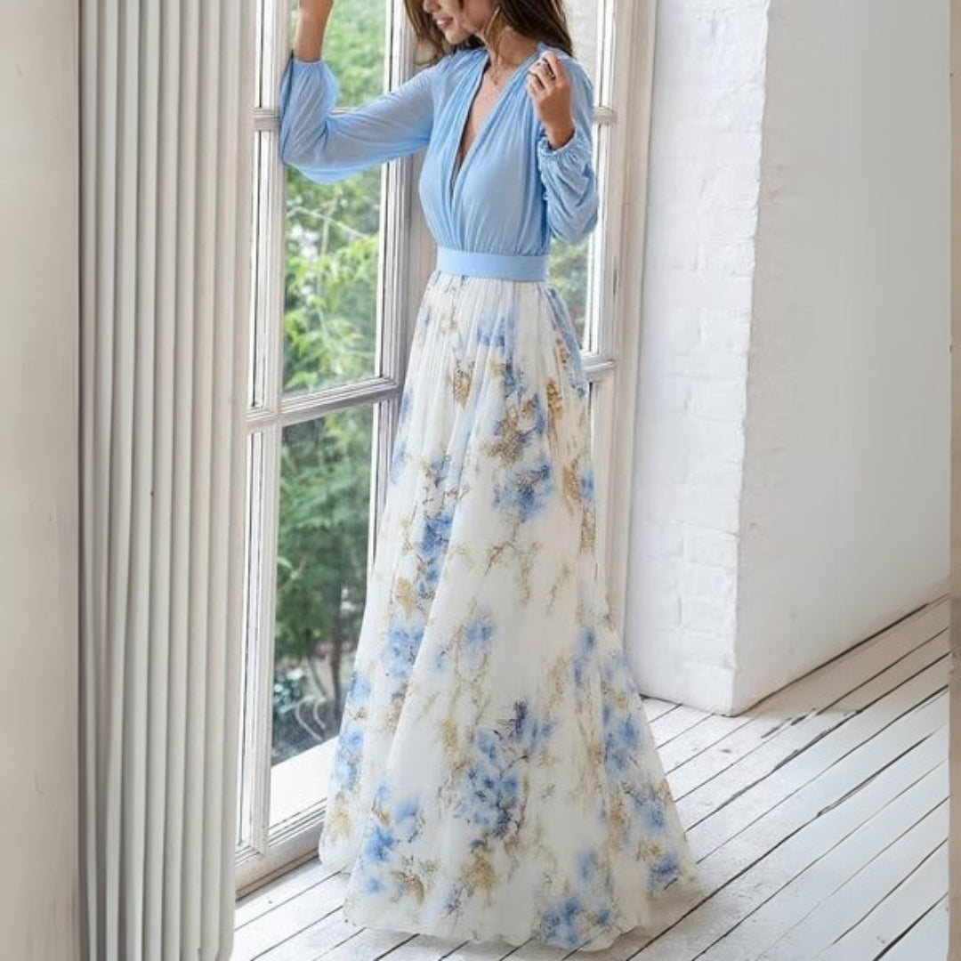 Floral Chiffon Deep V-Neck Long Sleeve Maxi Gown 3