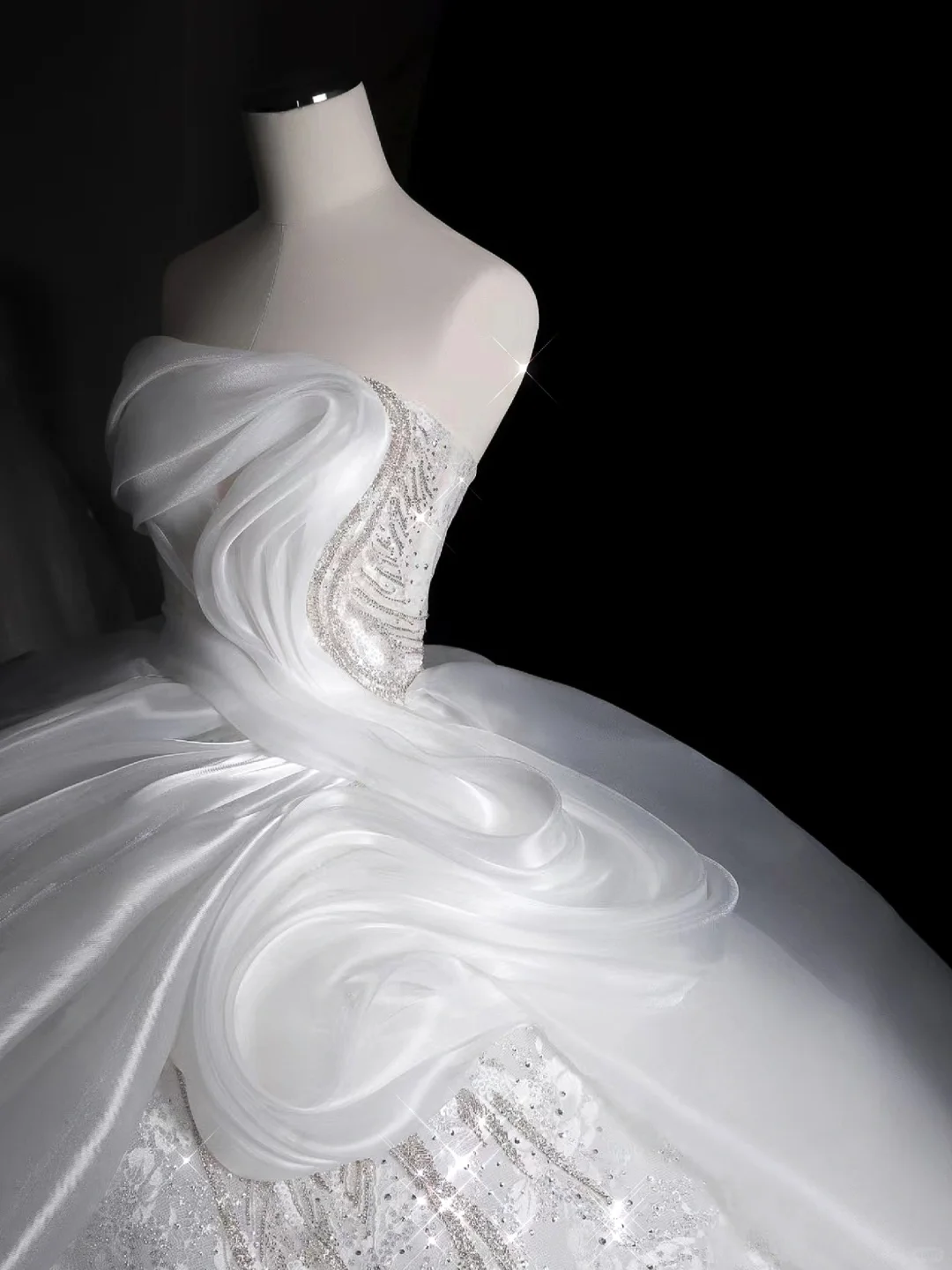 Classy Ball Gown Strapless Satin Lace Sequin Long Wedding Dresses C4175