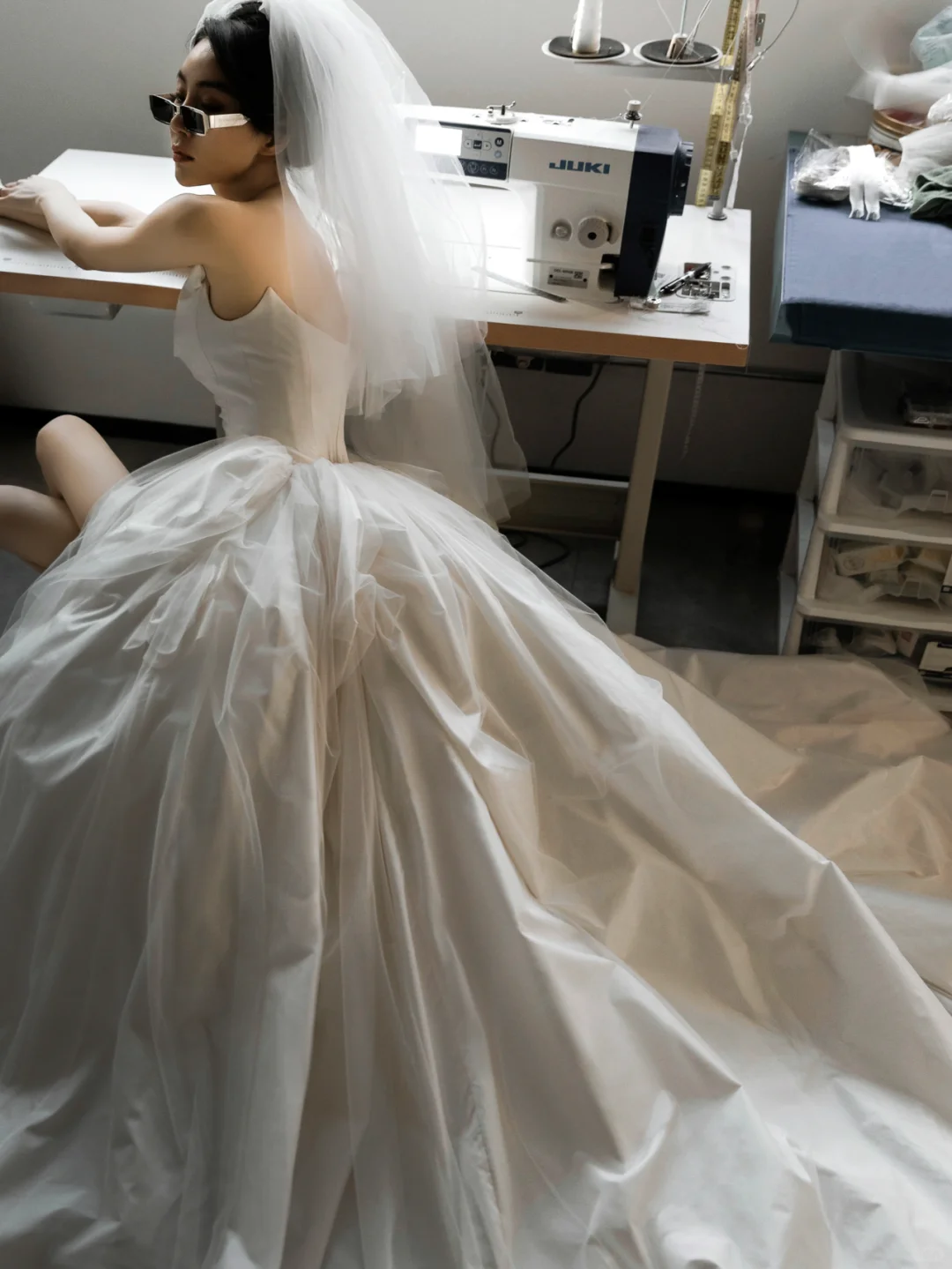Chic Ball Gown Strapless Satin Tulle Slit Long Wedding Dresses C4176