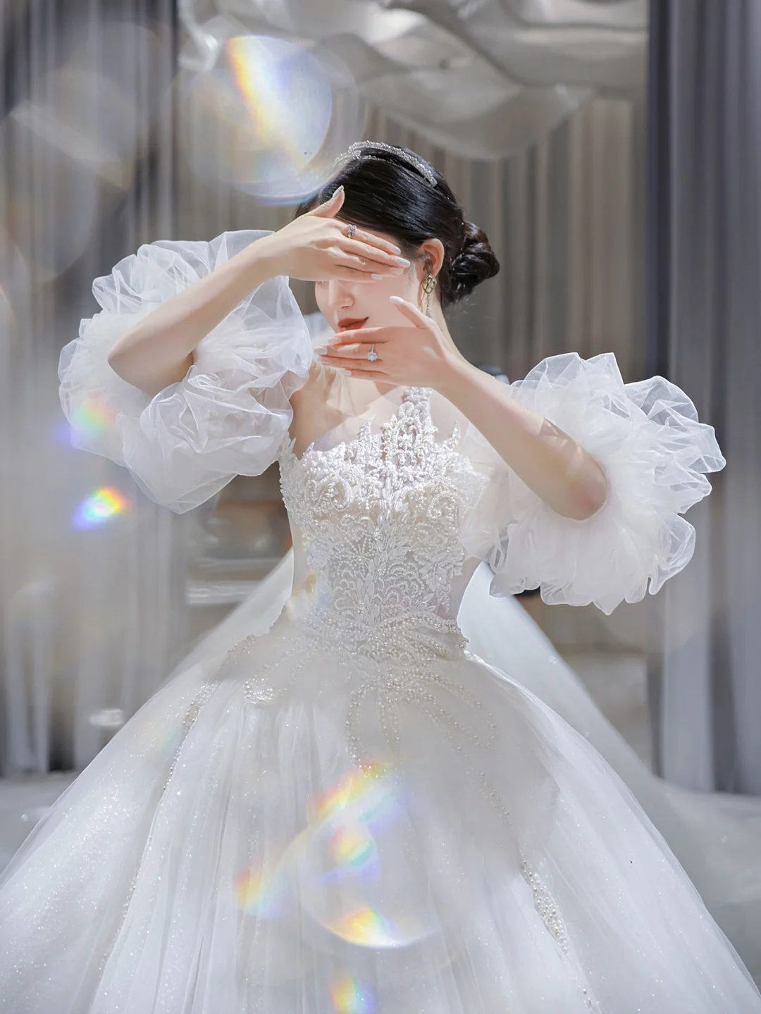 Pretty Ball Gown Tulle Lace Applique Short Sleeves Long Wedding Dresses C4198