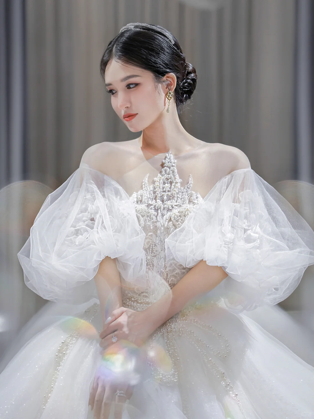Pretty Ball Gown Tulle Lace Applique Short Sleeves Long Wedding Dresses C4198